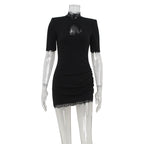 Lace Collar Keyhole Cut Out Short Sleeve Ruched Mini Dress