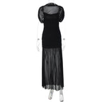 Mesh Mock Neck Ruched Cap Sleeve Chiffon Overlay Maxi Dress
