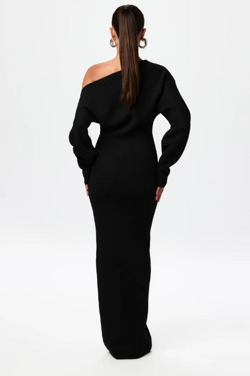 Asymmetric Off Shoulder Long Sleeve Knit Column Maxi Dress