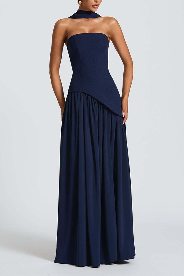 Elegant Off Shopulder Chiffon Pleated Hem Scarf Slit Maxi Dress