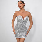 Strapless Sweetheart Neck Plunging Sequin Bodycon Mini Dress