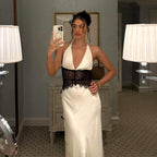 Halter Plunging V-Neck Lace Panel Waist Satin Slip Maxi Dress