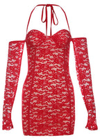 Lace Halter Sweetheart Underwire Cup Detached Sleeve Mini Dress