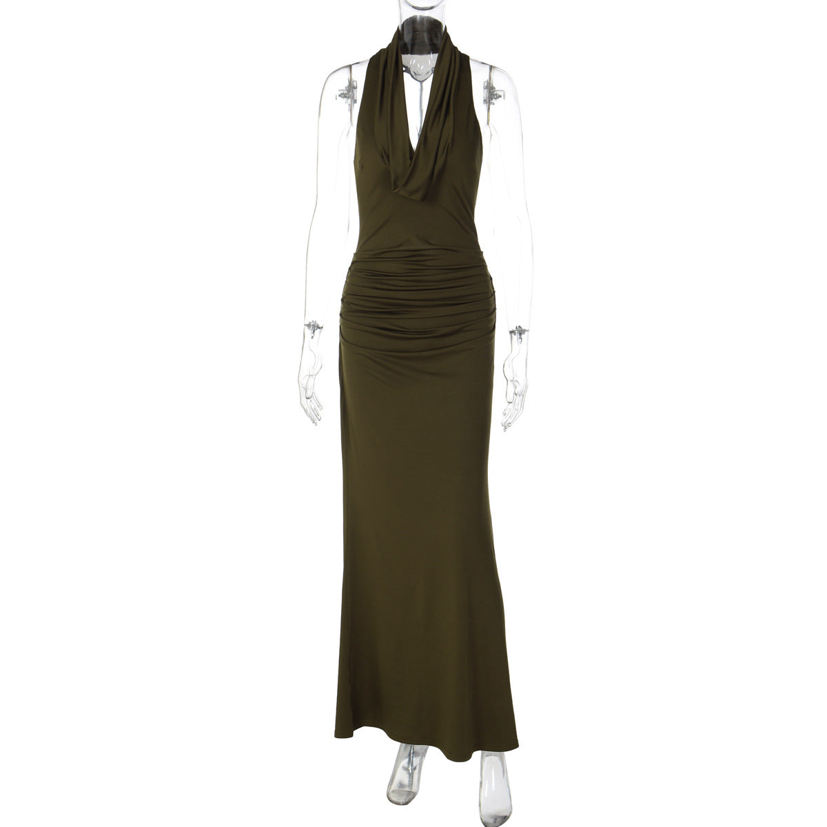 Ruched Halter Neck Deep V-Neck Backless Bodycon Maxi Dress