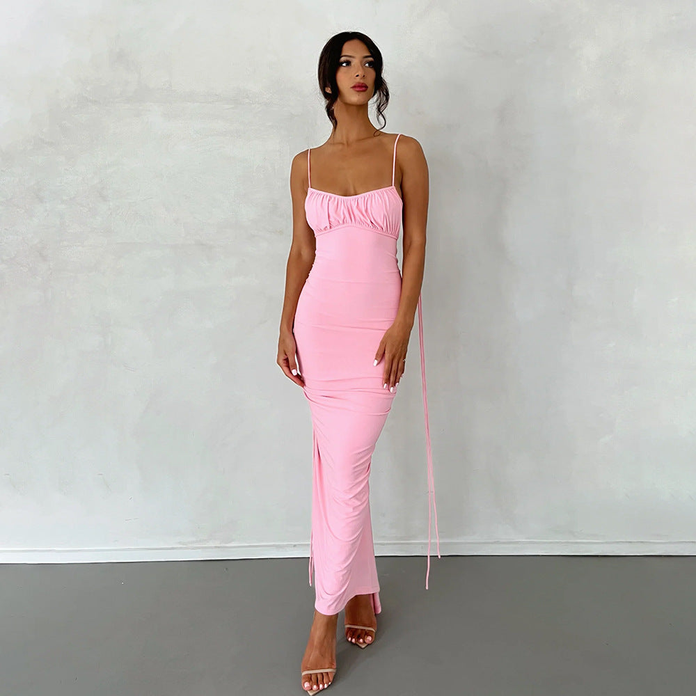 Spaghetti Strap Tie Shoulder Deep V Back Ruched Bodycon Maxi Dress