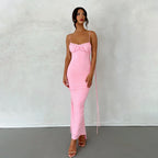 Spaghetti Strap Tie Shoulder Deep V Back Ruched Bodycon Maxi Dress