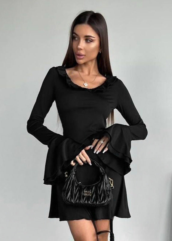 Off Shoulder Ruffle Trim Bell Sleeve Fit and Flare Mini Dress