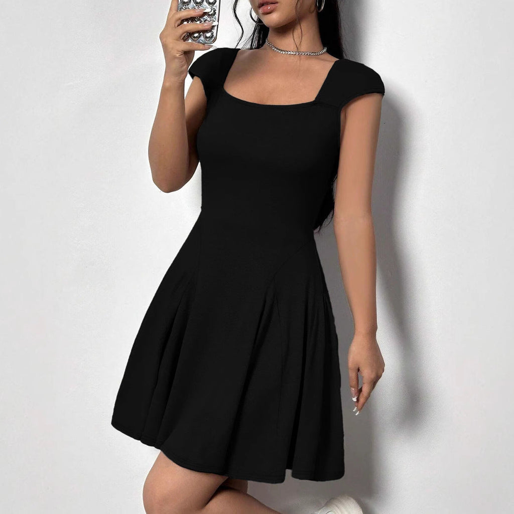 Square Neck Cap Sleeve Fit and Flare Pleated Skater Mini Dress