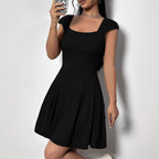 Square Neck Cap Sleeve Fit and Flare Pleated Skater Mini Dress
