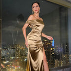 Satin Off Shoulder Ruched Side Slit Bodycon Maxi Gown