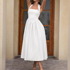 Halter Neck Square Neck V Waist Gathered A Line Midi Dress