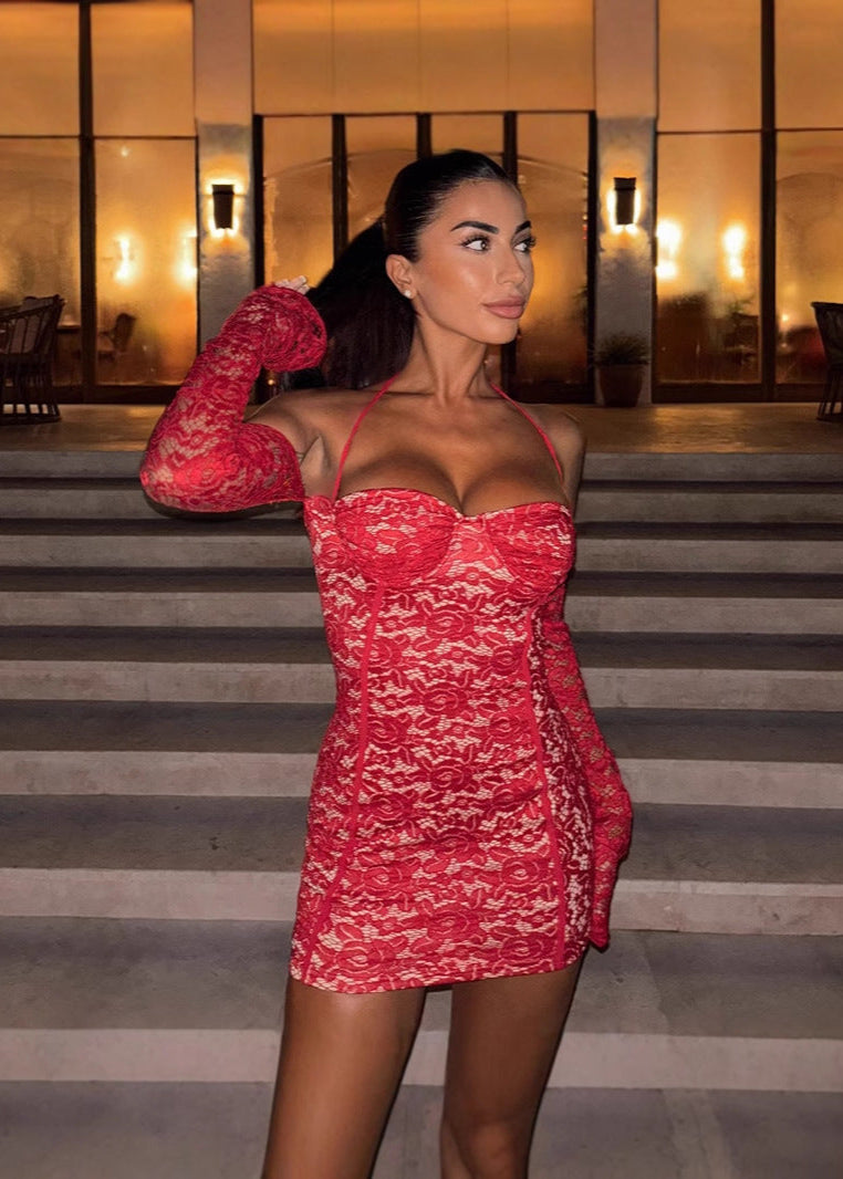 Lace Halter Sweetheart Underwire Cup Detached Sleeve Mini Dress