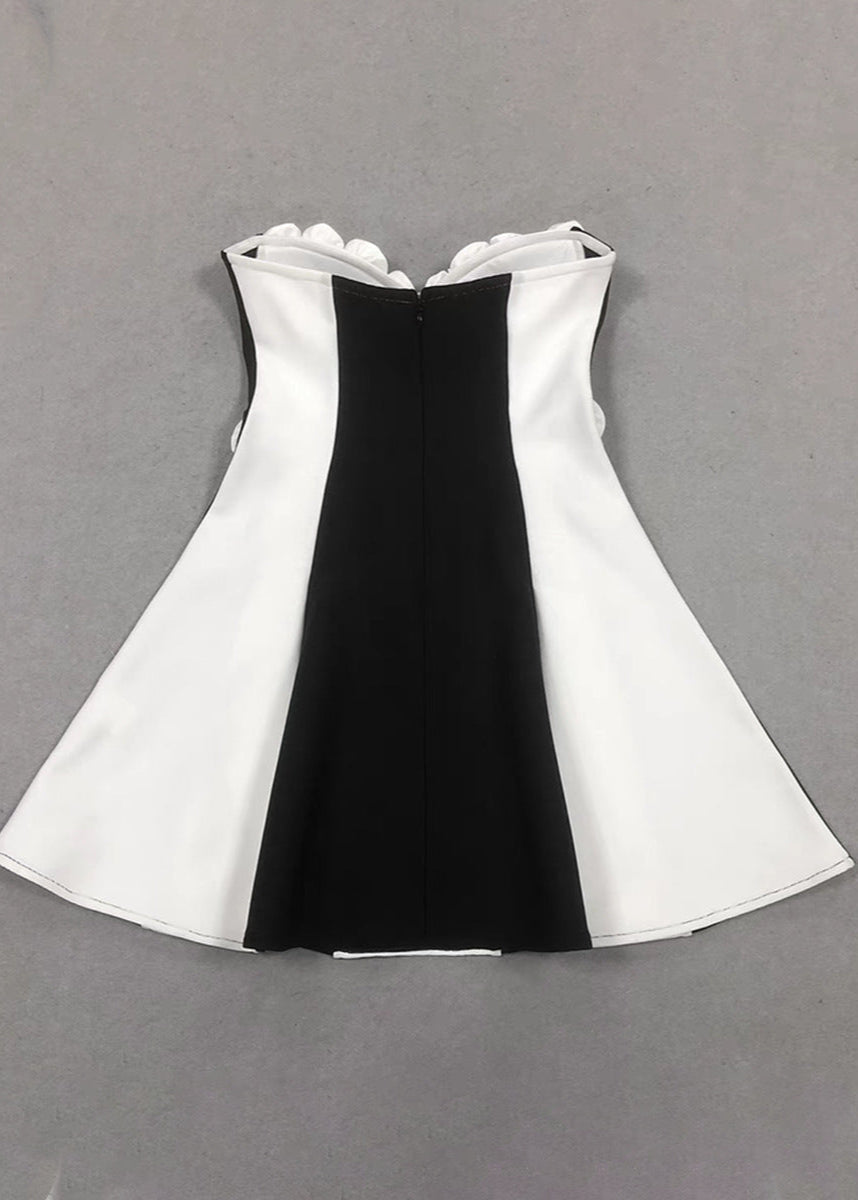 Strapless Vertical Stripe Rosette Applique Fit and Flare Mini Dress