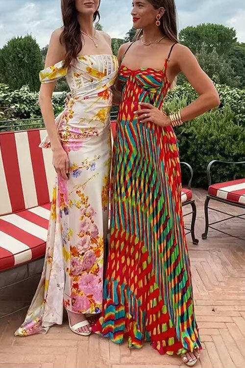 Spaghetti Strap Contrast Print Swing Maxi Vacation Dress