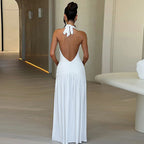 Halter Deep V Ruched Waist Pleated Slit Maxi Dress