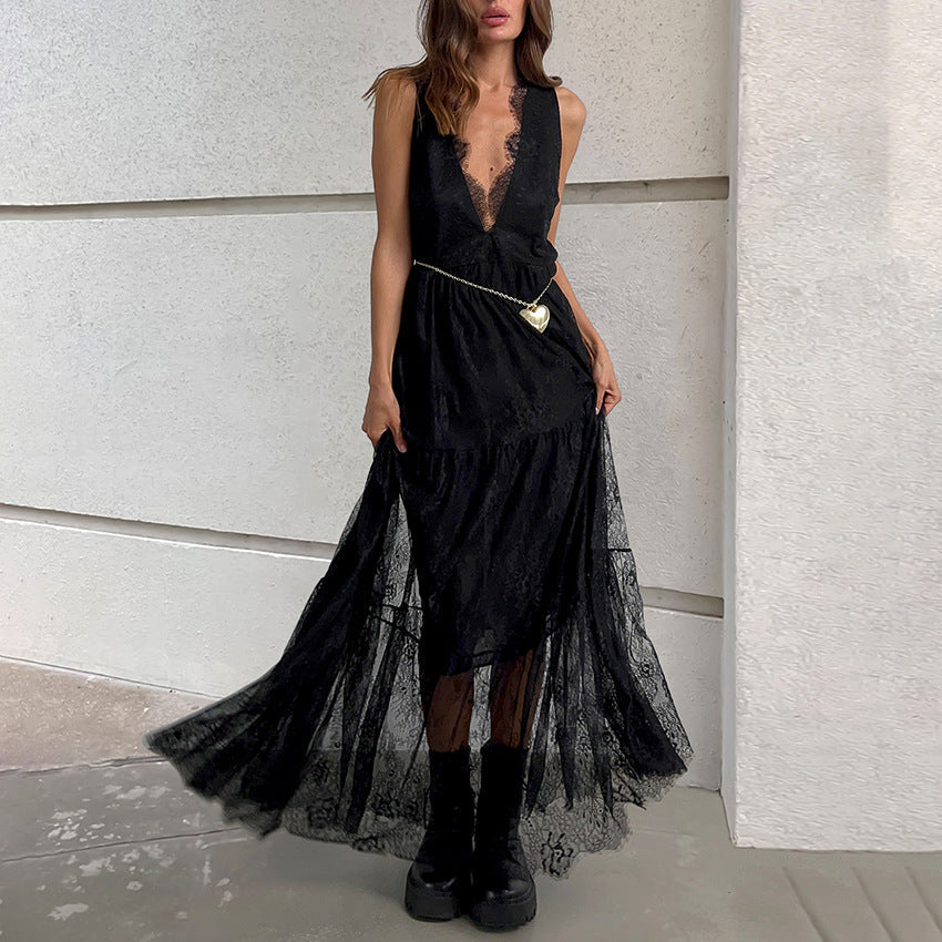 Lace Deep V-Neck Fringe Trim Tiered Scalloped Hem Maxi Dress
