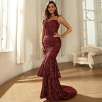 Sequined boat neckline open back evening dress