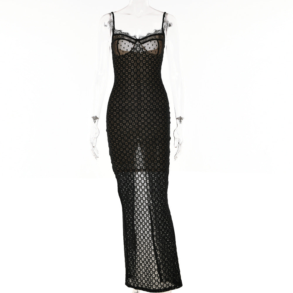 Lace Overlay Sweetheart Spaghetti Strap Bodycon Maxi Dress