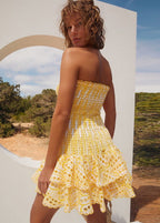 Strapless Sweetheart Smocked Tiered Ruffle Eyelet Lace Mini Dress