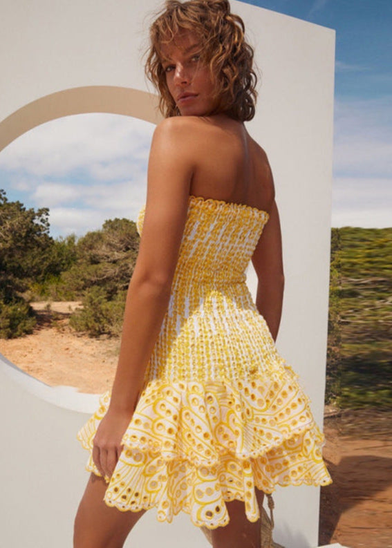 Strapless Sweetheart Smocked Tiered Ruffle Eyelet Lace Mini Dress