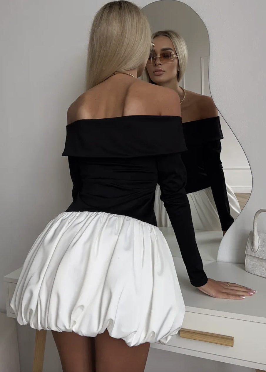 Off Shoulder Long Sleeve Top Bubble Hem Mini Skirt Two Piece Set