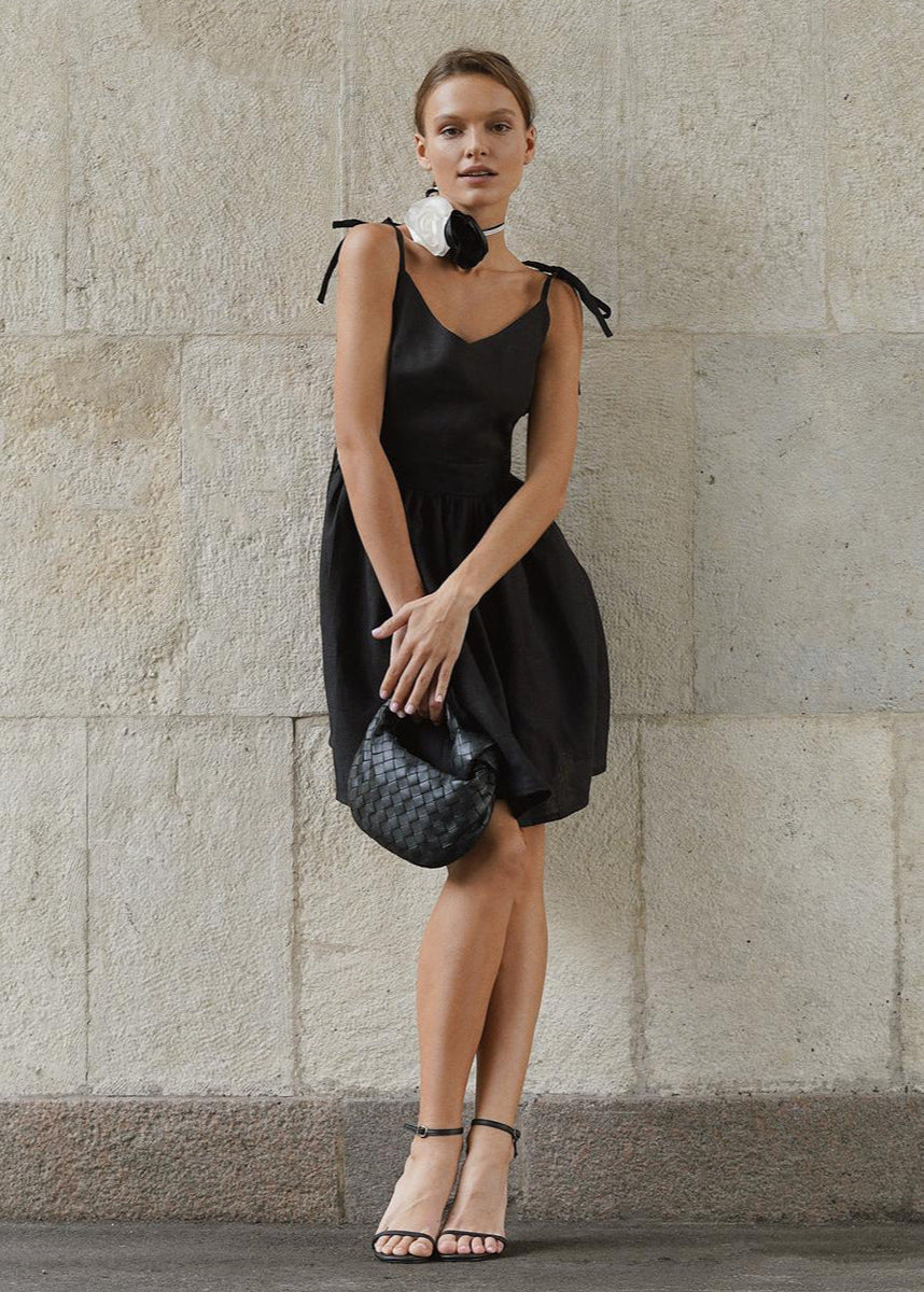 Spaghetti Strap Tie Shoulder V-Neck A-Line Linen Mini Dress