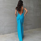 Spaghetti Strap Floor Length Tie Strap Backless Ruched Maxi Gown