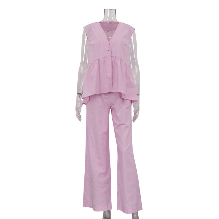 Cotton V neck Sleeveless Top Vest & Pant Set