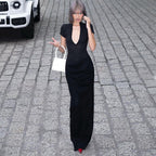 Mock Neck Deep V Neck Cap Sleeve Ruched Bodycon Maxi Dress