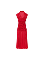 Mock Neck Mesh Yoke Ruched Bodice Pleated Midi Dress