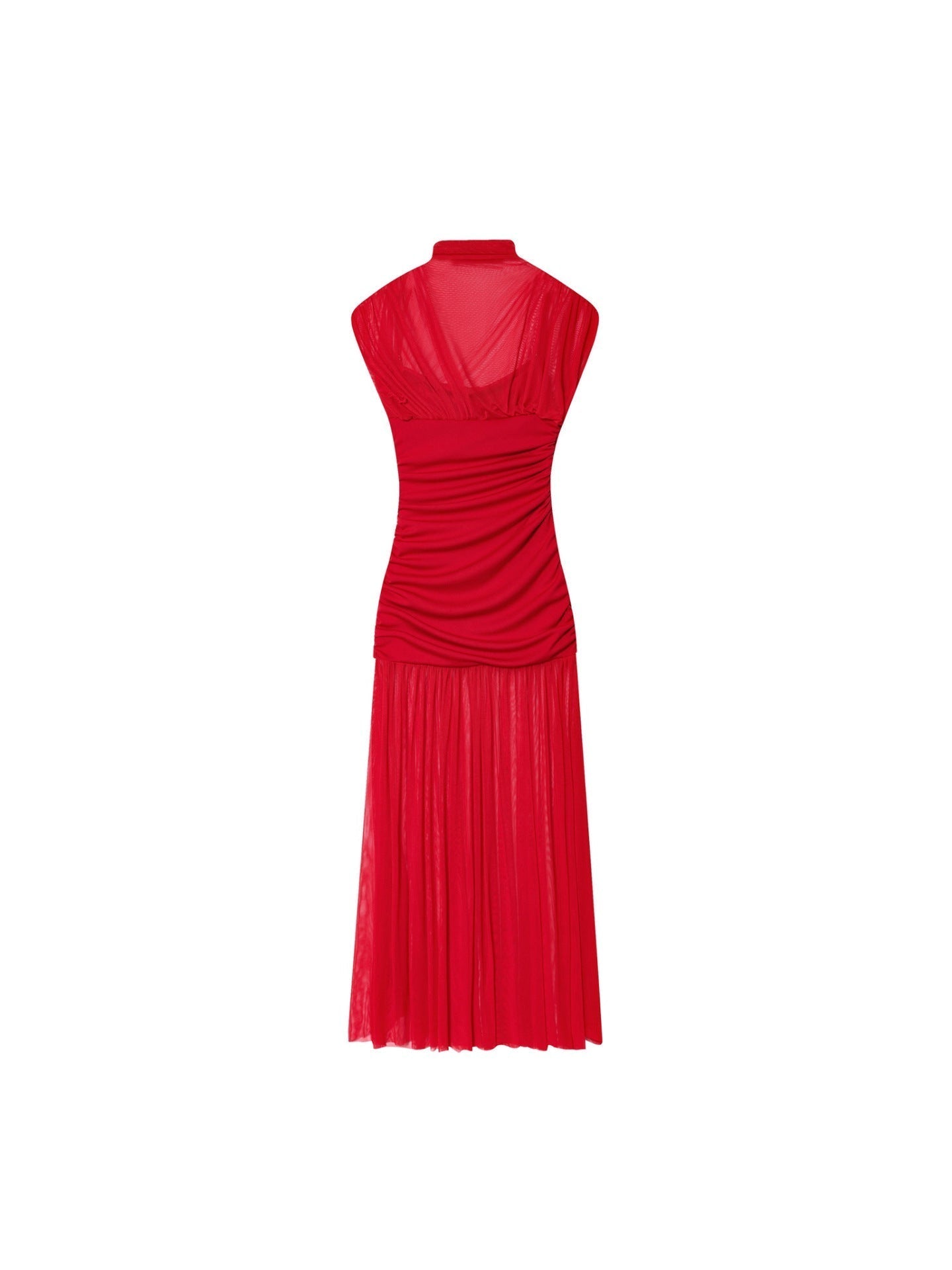 Mock Neck Mesh Yoke Ruched Bodice Pleated Midi Dress