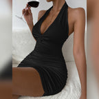 Halter Neck Plunging V-Neck Ruched Bodycon Mini Dress