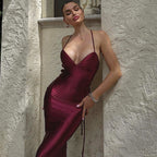 Satin Deep V-Neck Spaghetti Strap Lace Up Side Bodycon Maxi Dress