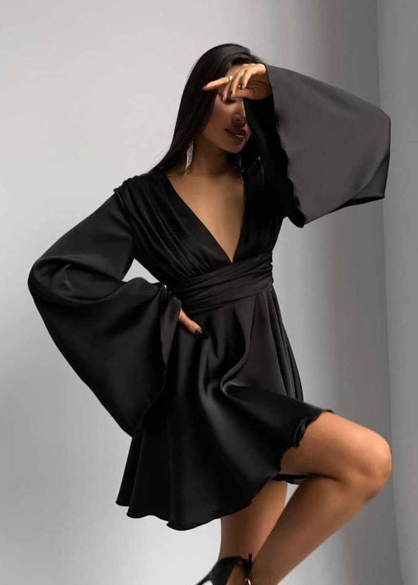 Satin Plunging V-Neck Bell Sleeve Pleated Bodice Mini Dress