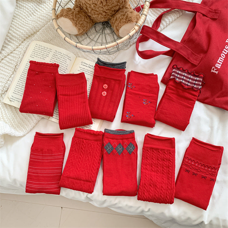 Slouchy Red Combed Cotton Mid Calf Chic Socks