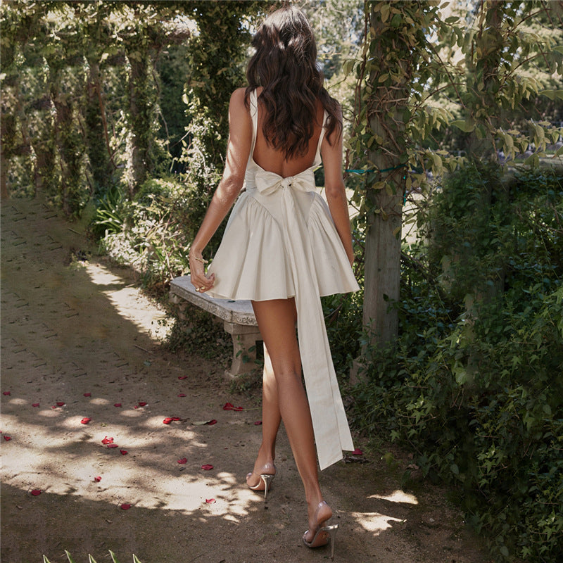Square Neck Bow Back Drop Waist Fit and Flare Mini Dress