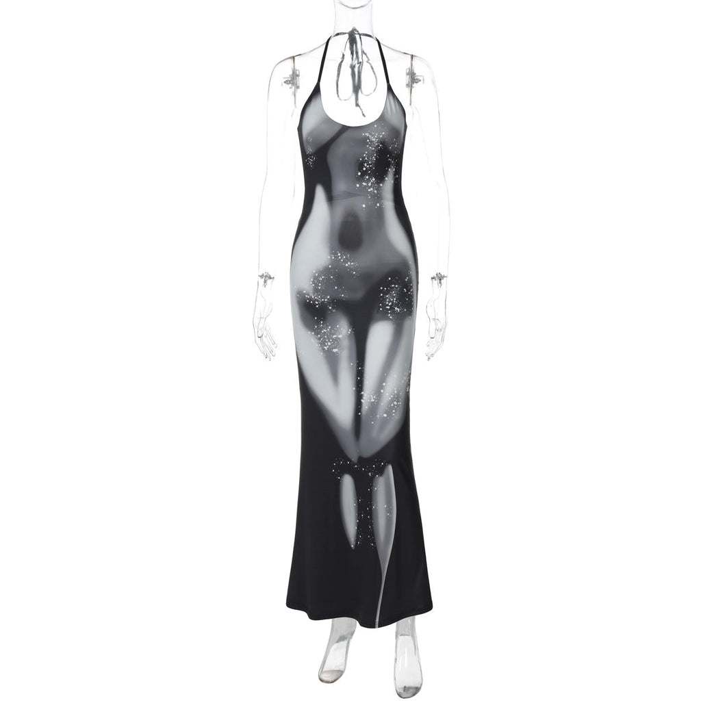 Halter Neck Trompe L'Oeil Body Print Water Droplet Maxi Dress