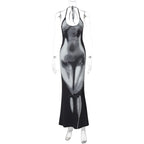 Halter Neck Trompe L'Oeil Body Print Water Droplet Maxi Dress