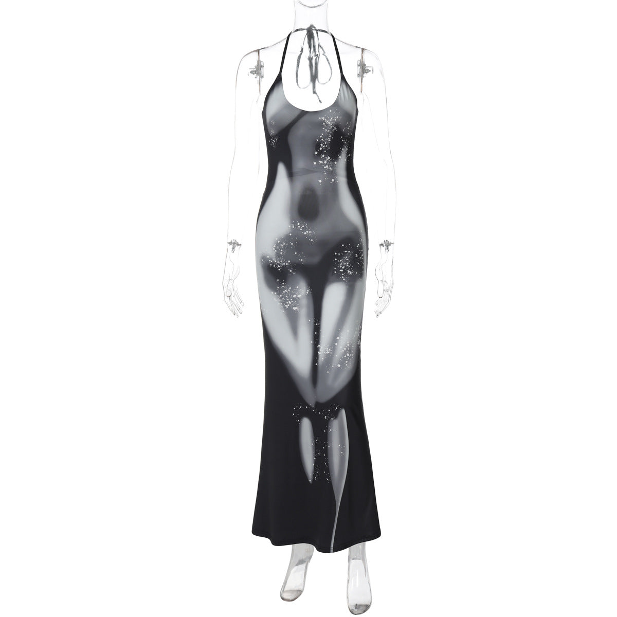 Halter Neck Trompe L'Oeil Body Print Water Droplet Maxi Dress