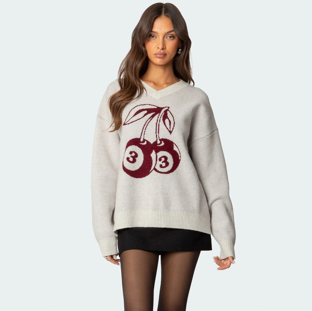 Cherry Pattern Colorblock Knit Sweater