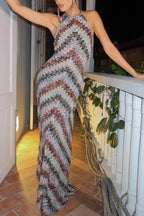 Jodie Knit Colorful Herringbone Print Halter Open Back Maxi Dress