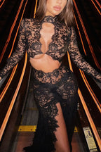 Dark Night Charm Sheer Lace Cutout Long Sleeve Stretch Maxi Dress