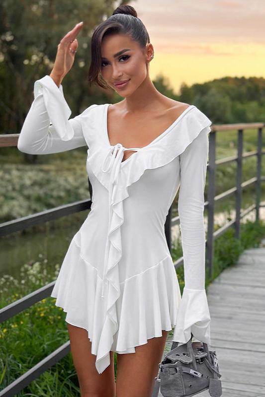 Ruffle Trim Deep V-Neck Tie Front Long Sleeve Tiered Asymmetric Hem Mini Dress