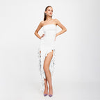 Ruched Strapless Asymmetric Ruffle High Low Maxi Summer Dress
