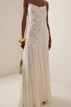Indulge in Floral Applique Pleated Chiffon Hem Slip Maxi Dress