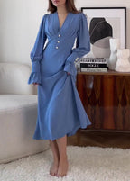 Deep V Neck Puff Sleeve Button Detail Structured Waist Midi Dress