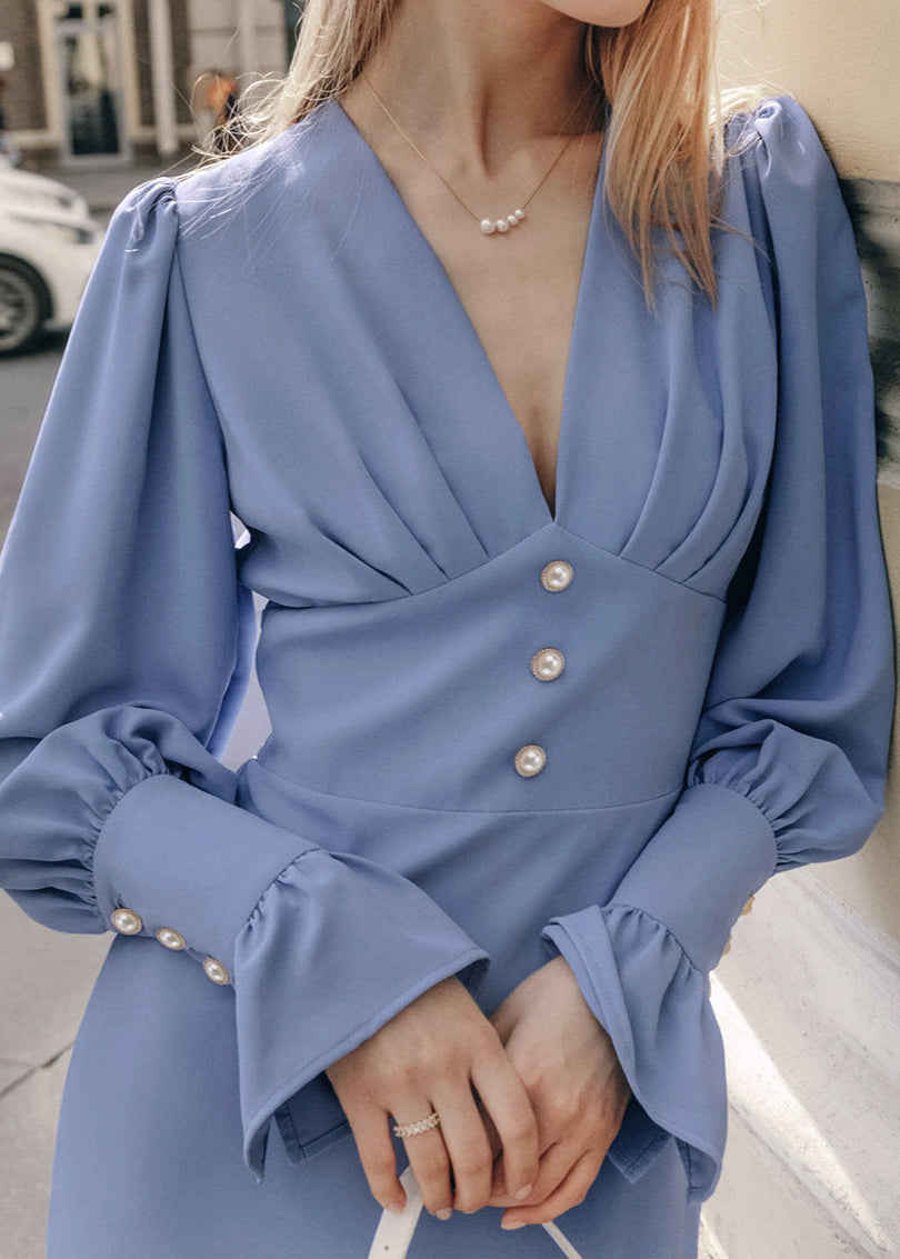 Deep V Neck Puff Sleeve Button Detail Structured Waist Midi Dress