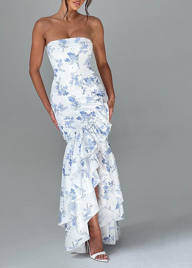 Strapless Floral Print Cascading Ruffle High Low Slit Maxi Dress