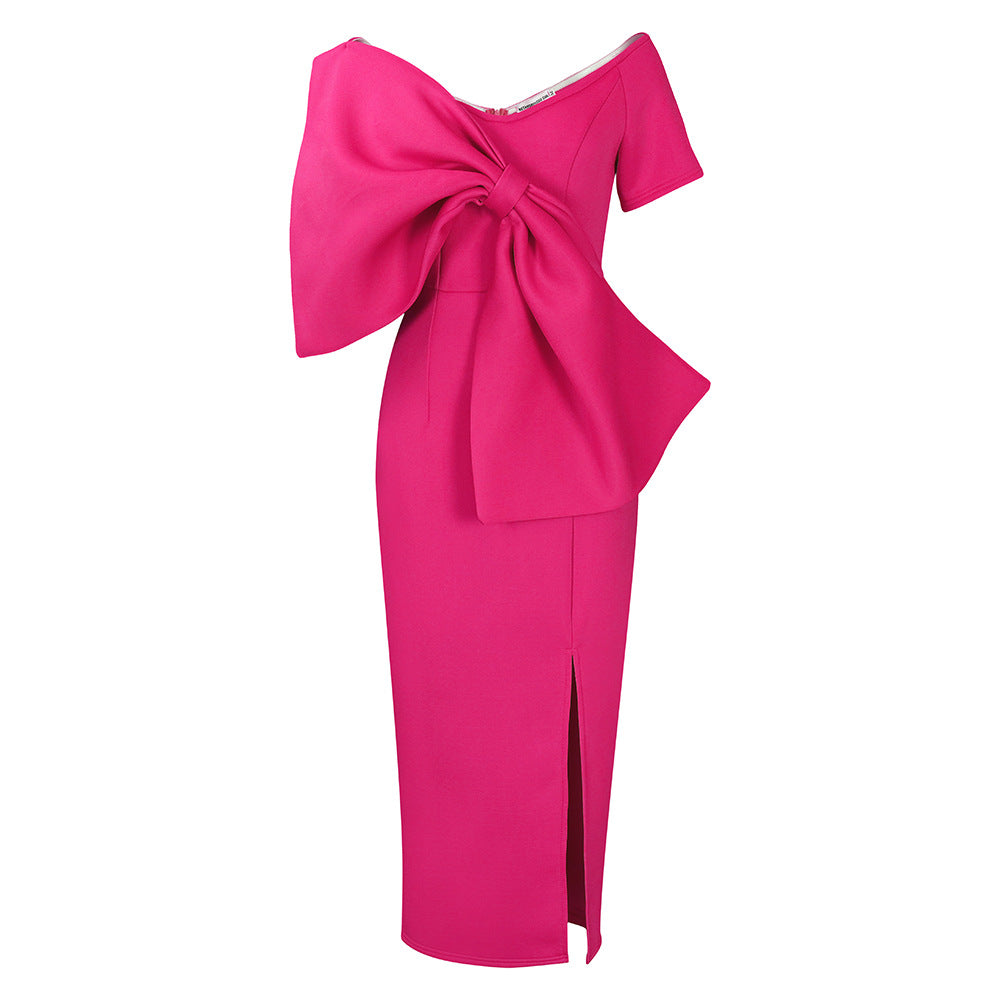 Oversized Bow Asymmetric V-Neck Short Sleeve Bodycon Midi Dress