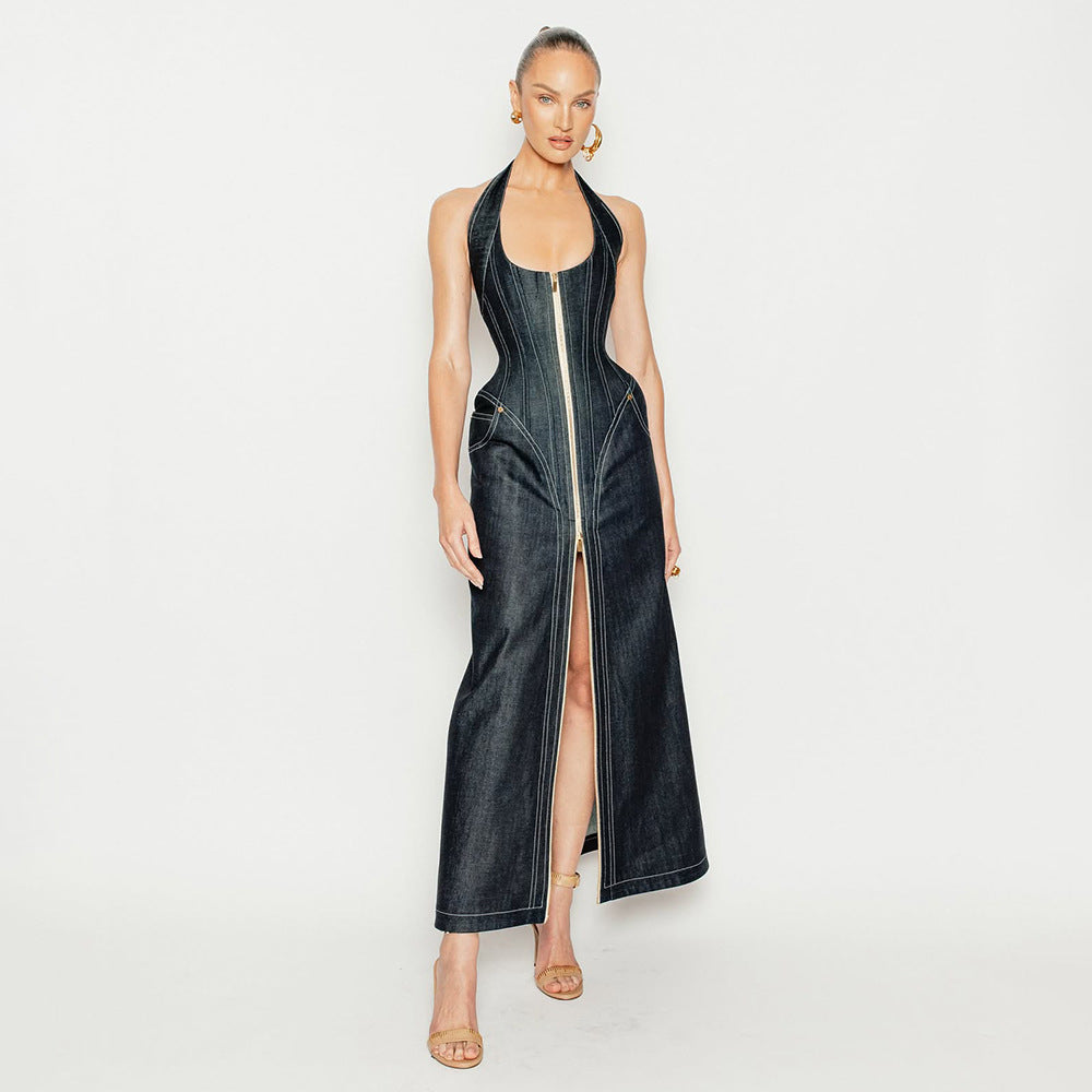 Denim Halter Corset Front Zip Pocket Maxi Dress